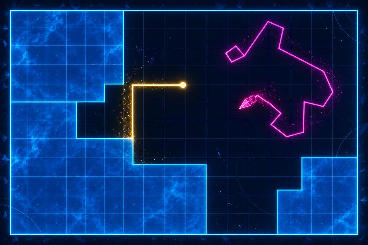 Neon geometric Qix roguelite art